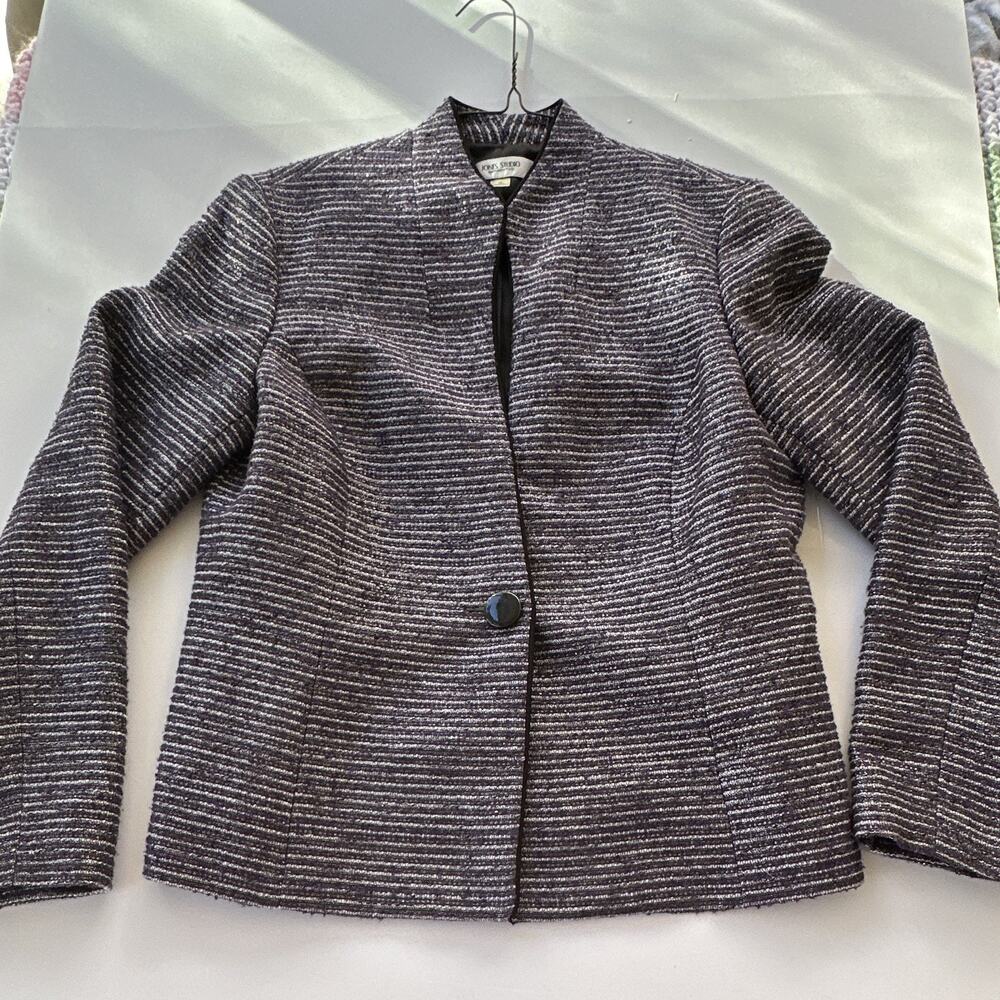 Jones Studio Women’s Tweed Stripe Jacket Purple Black White 10 Lined 1-Button